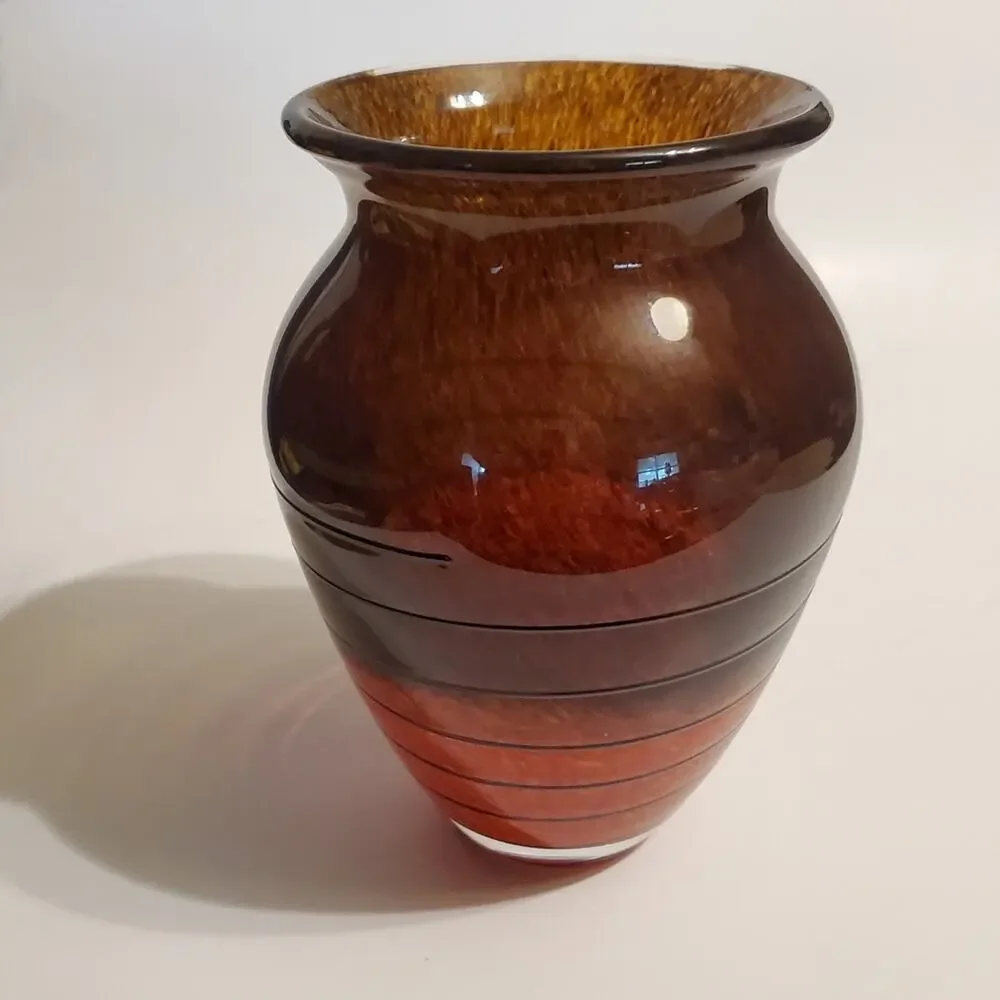 Vintage Bohemian Czech Art glass Vase Orange Brown Swirl specked Pattern 8